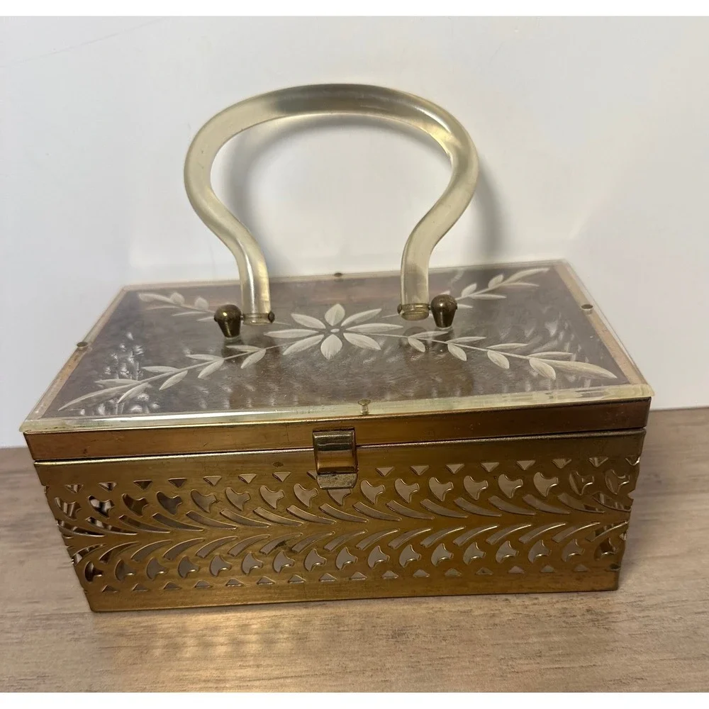 Vintage Metal Filigree Vanity Box Case Rectangular Lucite Handle Purse READ